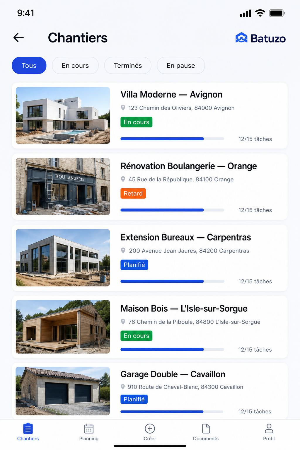 Batuzo — Liste des chantiers