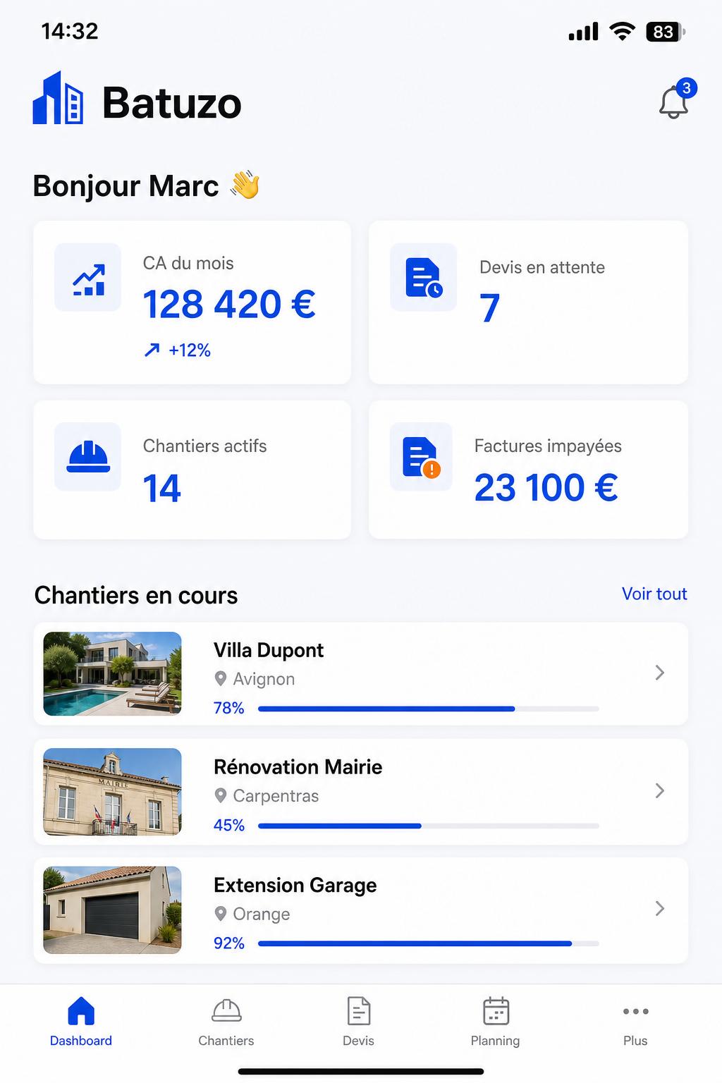 Batuzo — Tableau de bord mobile